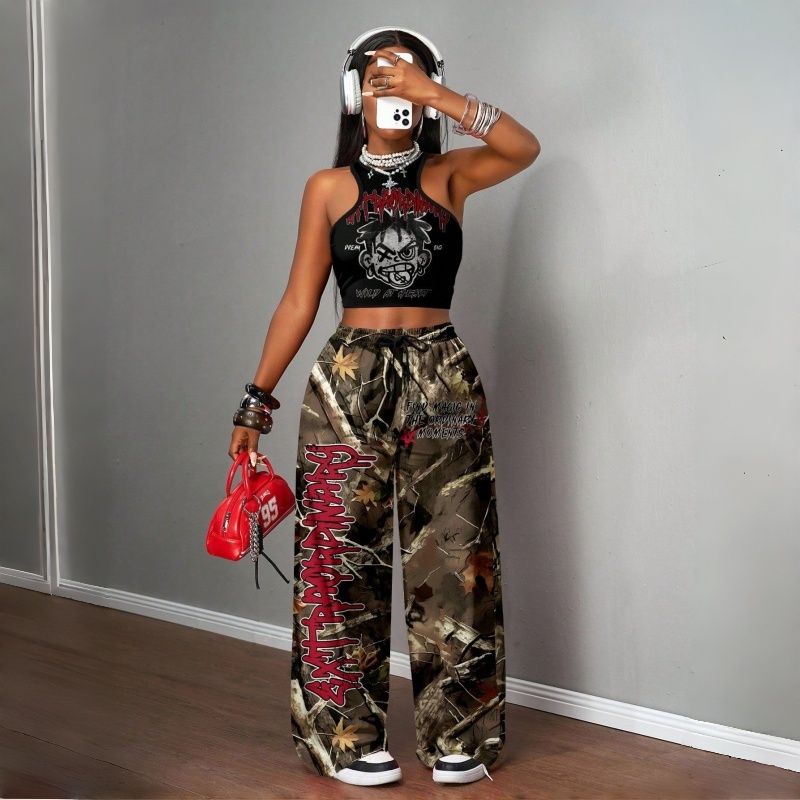 Women's Two-Piece Outfits Streetwear Crop Top & Wide Leg Pants Set New European Style Y2K Hip Hop Graphic Tank Top Casual Jogger Sweatsuit Multiple Colors