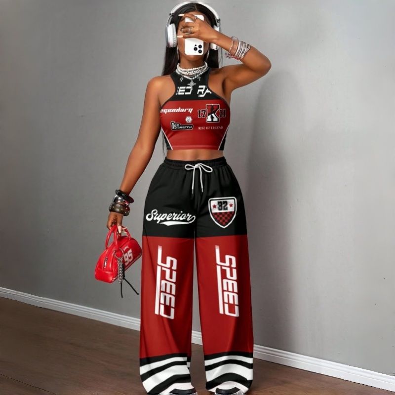 Women's Two-Piece Outfits Streetwear Crop Top & Wide Leg Pants Set New European Style Y2K Hip Hop Graphic Tank Top Casual Jogger Sweatsuit Multiple Colors