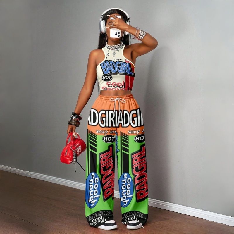 Women's Two-Piece Outfits Streetwear Crop Top & Wide Leg Pants Set New European Style Y2K Hip Hop Graphic Tank Top Casual Jogger Sweatsuit Multiple Colors