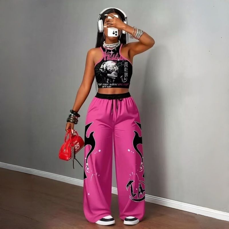 Women's Two-Piece Outfits Streetwear Crop Top & Wide Leg Pants Set New European Style Y2K Hip Hop Graphic Tank Top Casual Jogger Sweatsuit Multiple Colors