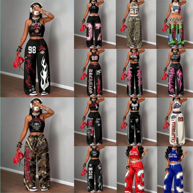 Women's Two-Piece Outfits Streetwear Crop Top & Wide Leg Pants Set New European Style Y2K Hip Hop Graphic Tank Top Casual Jogger Sweatsuit Multiple Colors