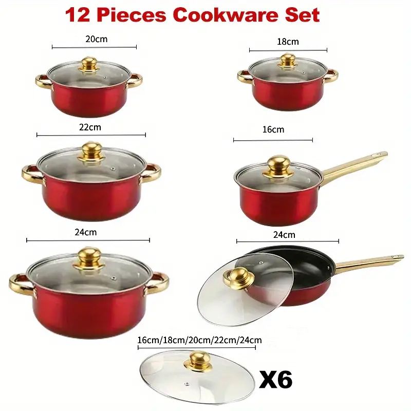 【Promotion】12PCS Non-Stick Stainless Steel Cookware Set Cooking Pots with Lids Sufuria (16/18/20/22/24cm Pots +24cm frying pan)