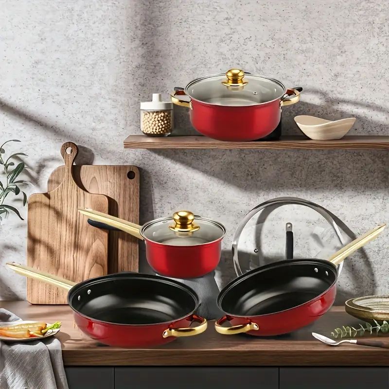【Promotion】12PCS Non-Stick Stainless Steel Cookware Set Cooking Pots with Lids Sufuria (16/18/20/22/24cm Pots +24cm frying pan)