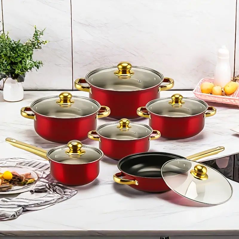 【Promotion】12PCS Non-Stick Stainless Steel Cookware Set Cooking Pots with Lids Sufuria (16/18/20/22/24cm Pots +24cm frying pan)