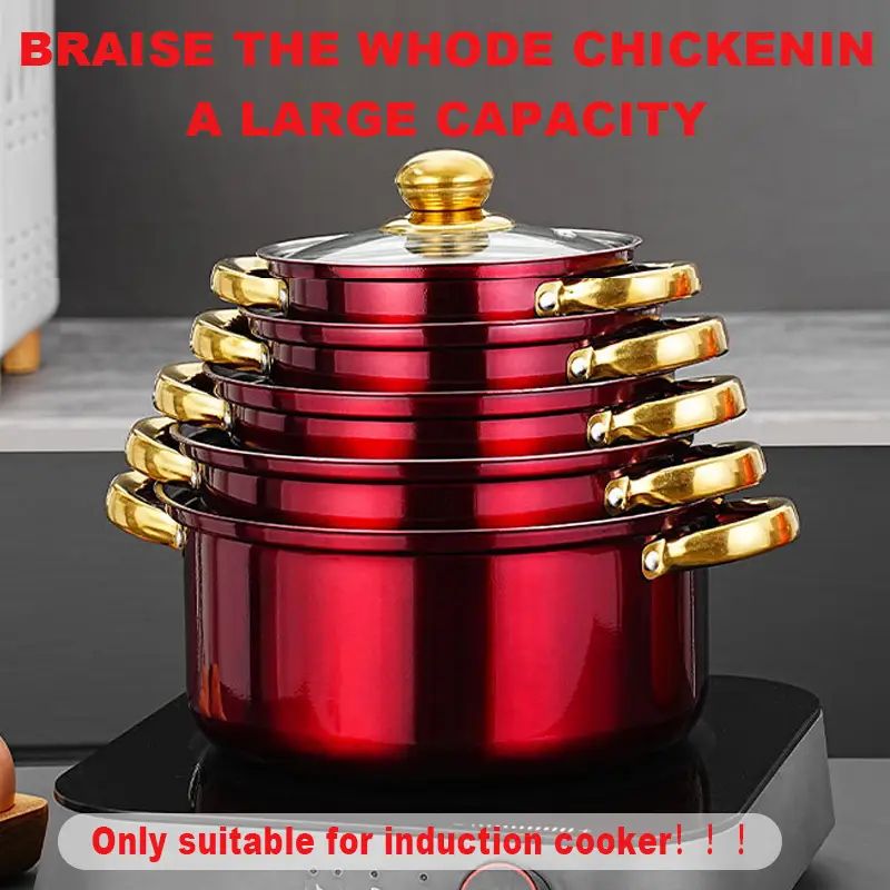 【Promotion】12PCS Non-Stick Stainless Steel Cookware Set Cooking Pots with Lids Sufuria (16/18/20/22/24cm Pots +24cm frying pan)