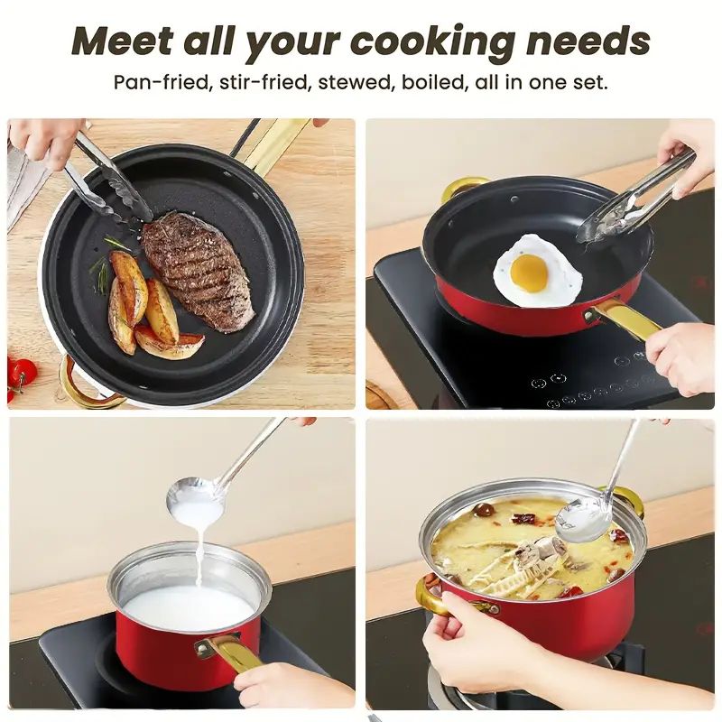 【Promotion】12PCS Non-Stick Stainless Steel Cookware Set Cooking Pots with Lids Sufuria (16/18/20/22/24cm Pots +24cm frying pan)
