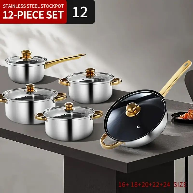 【Promotion】12PCS Non-Stick Stainless Steel Cookware Set Cooking Pots with Lids Sufuria (16/18/20/22/24cm Pots +24cm frying pan)