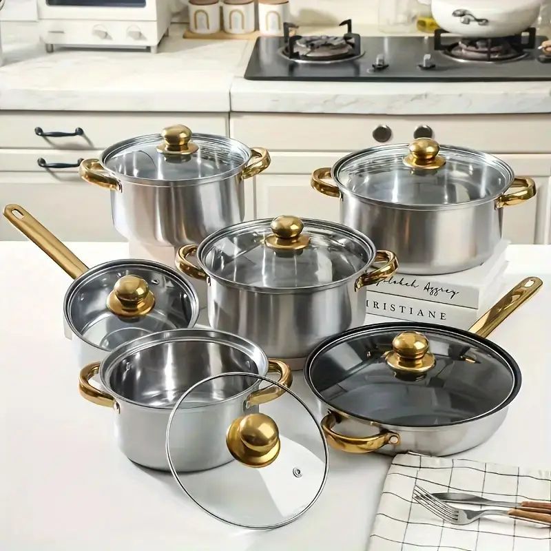 【Promotion】12PCS Non-Stick Stainless Steel Cookware Set Cooking Pots with Lids Sufuria (16/18/20/22/24cm Pots +24cm frying pan)