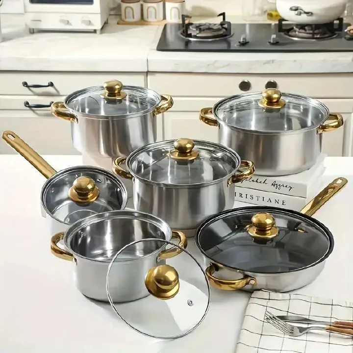 【Promotion】12PCS Non-Stick Stainless Steel Cookware Set Cooking Pots with Lids Sufuria (16/18/20/22/24cm Pots +24cm frying pan)