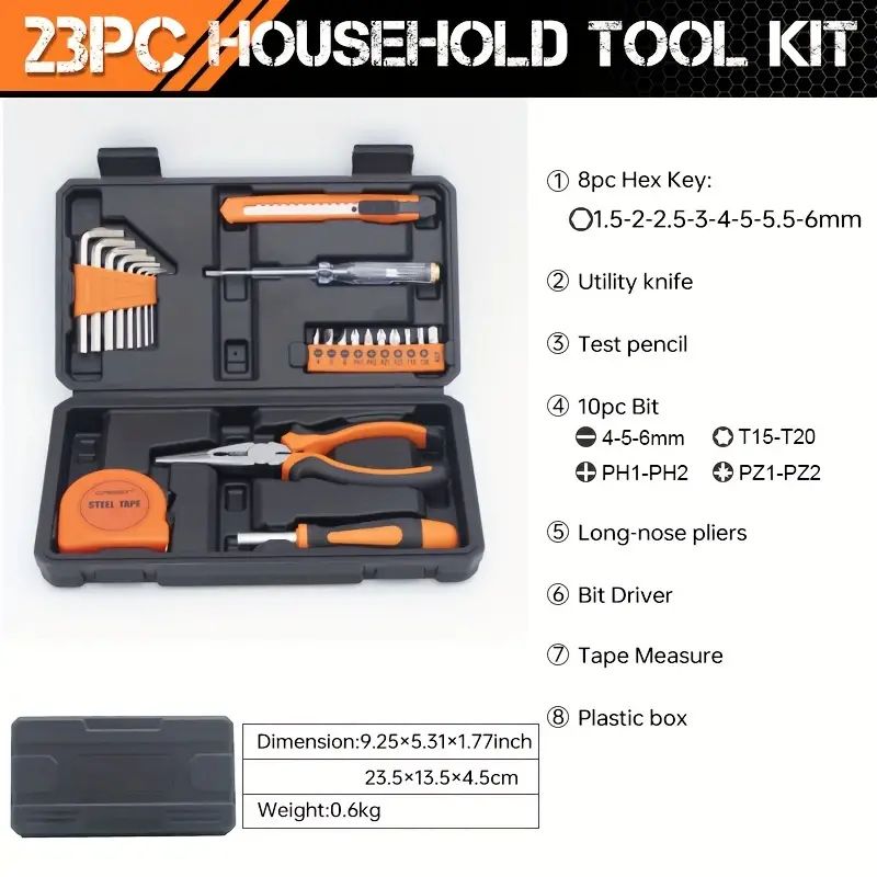 【Promotion】23-Piece Universal Home Tool Kit, Carbon Steel Hand Tools Set with Screwdrivers, Pliers, and Plastic Storage Case, Manual Repair Tools for Household, Car, Office