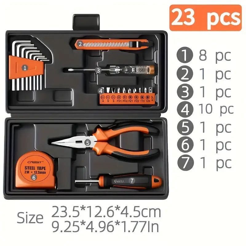 【Promotion】23-Piece Universal Home Tool Kit, Carbon Steel Hand Tools Set with Screwdrivers, Pliers, and Plastic Storage Case, Manual Repair Tools for Household, Car, Office