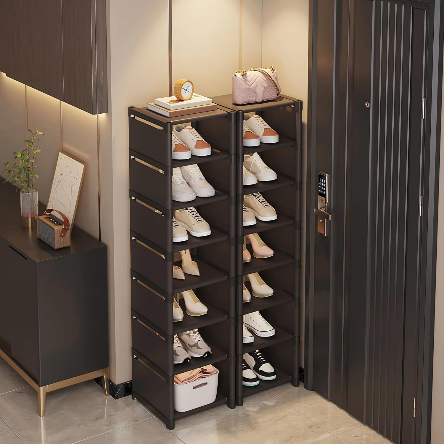 【Promotion】Narrow Shoe Rack, 7 Tier for Closet Entryway Tall Slim Vertical Shoe Rack for Small Spaces Shinky Shoe Organizer Space Saving Corner Shelf Shoe Tower,Easy Assembly