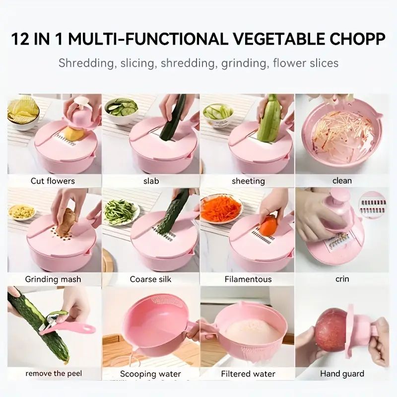 【Promotion】Vegetable Chopper, 12 in 1 Food Slicer Vegetable Slicer with Container Food Chopper Multifunctional Vegetable Cutter Slicer With Stainless Steel 6 Blades For Kitchen