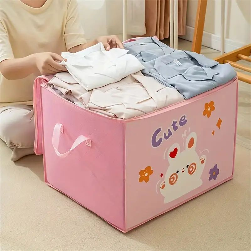 【Promotion】Foldable Storage Bag Cartoon Non-woven Portable Clothes Organizer Tidy Pouch Suitcase With Zipper And Handles Storage Box Quilt Storage Container Bag Box