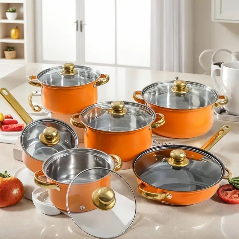 【Promotion】12PCS Non-Stick Stainless Steel Cookware Set Cooking Pots with Lids Sufuria (16/18/20/22/24cm Pots +24cm frying pan)