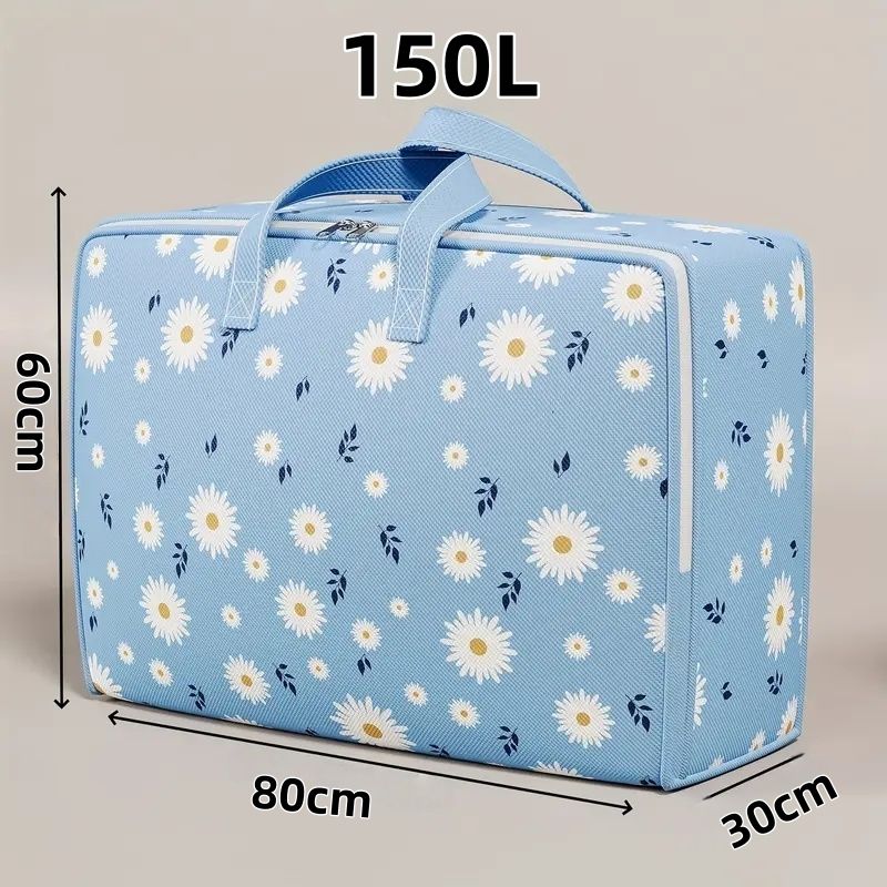 【Promotion】Large Capacity Fabric Storage Bag with Daisy Print - Foldable Rectangular Organizer for Blankets, Bedding, Clothes - Multipurpose, Non-Waterproof,80x60x30cm