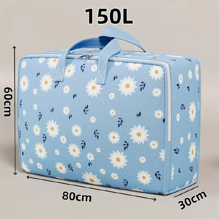 【Promotion】Large Capacity Fabric Storage Bag with Daisy Print - Foldable Rectangular Organizer for Blankets, Bedding, Clothes - Multipurpose, Non-Waterproof,80x60x30cm