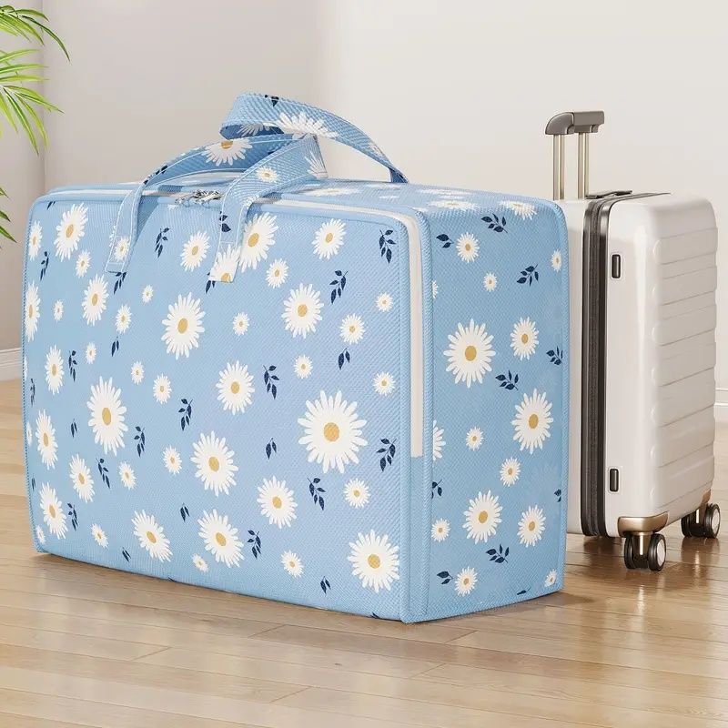 【Promotion】Large Capacity Fabric Storage Bag with Daisy Print - Foldable Rectangular Organizer for Blankets, Bedding, Clothes - Multipurpose, Non-Waterproof,80x60x30cm