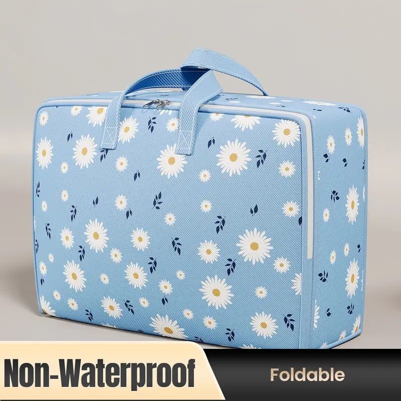 【Promotion】Large Capacity Fabric Storage Bag with Daisy Print - Foldable Rectangular Organizer for Blankets, Bedding, Clothes - Multipurpose, Non-Waterproof,80x60x30cm