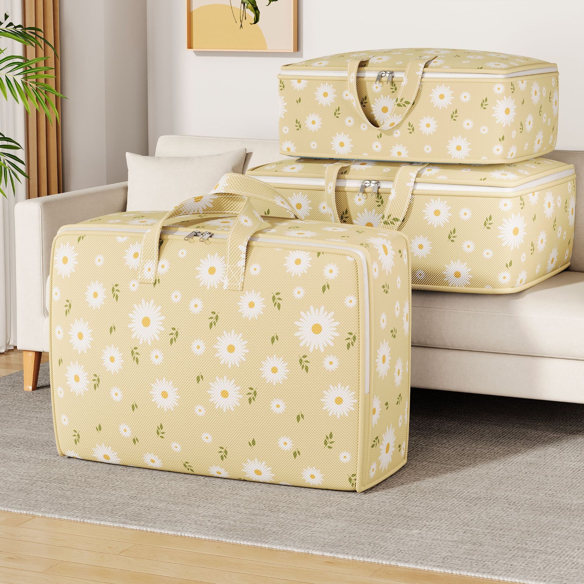 【Promotion】Large Capacity Fabric Storage Bag with Daisy Print - Foldable Rectangular Organizer for Blankets, Bedding, Clothes - Multipurpose, Non-Waterproof,80x60x30cm