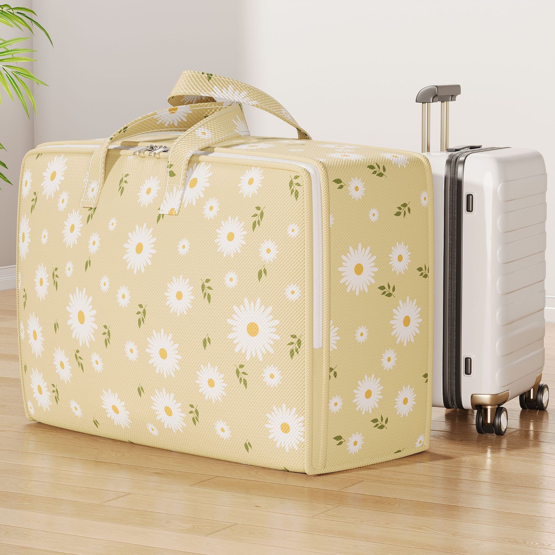 【Promotion】Large Capacity Fabric Storage Bag with Daisy Print - Foldable Rectangular Organizer for Blankets, Bedding, Clothes - Multipurpose, Non-Waterproof,80x60x30cm