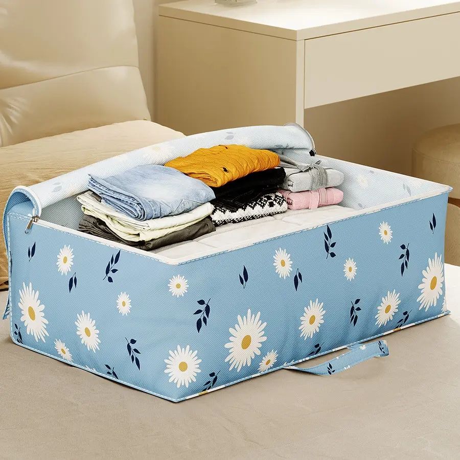 【Promotion】Large Capacity Fabric Storage Bag with Daisy Print - Foldable Rectangular Organizer for Blankets, Bedding, Clothes - Multipurpose, Non-Waterproof,80x60x30cm