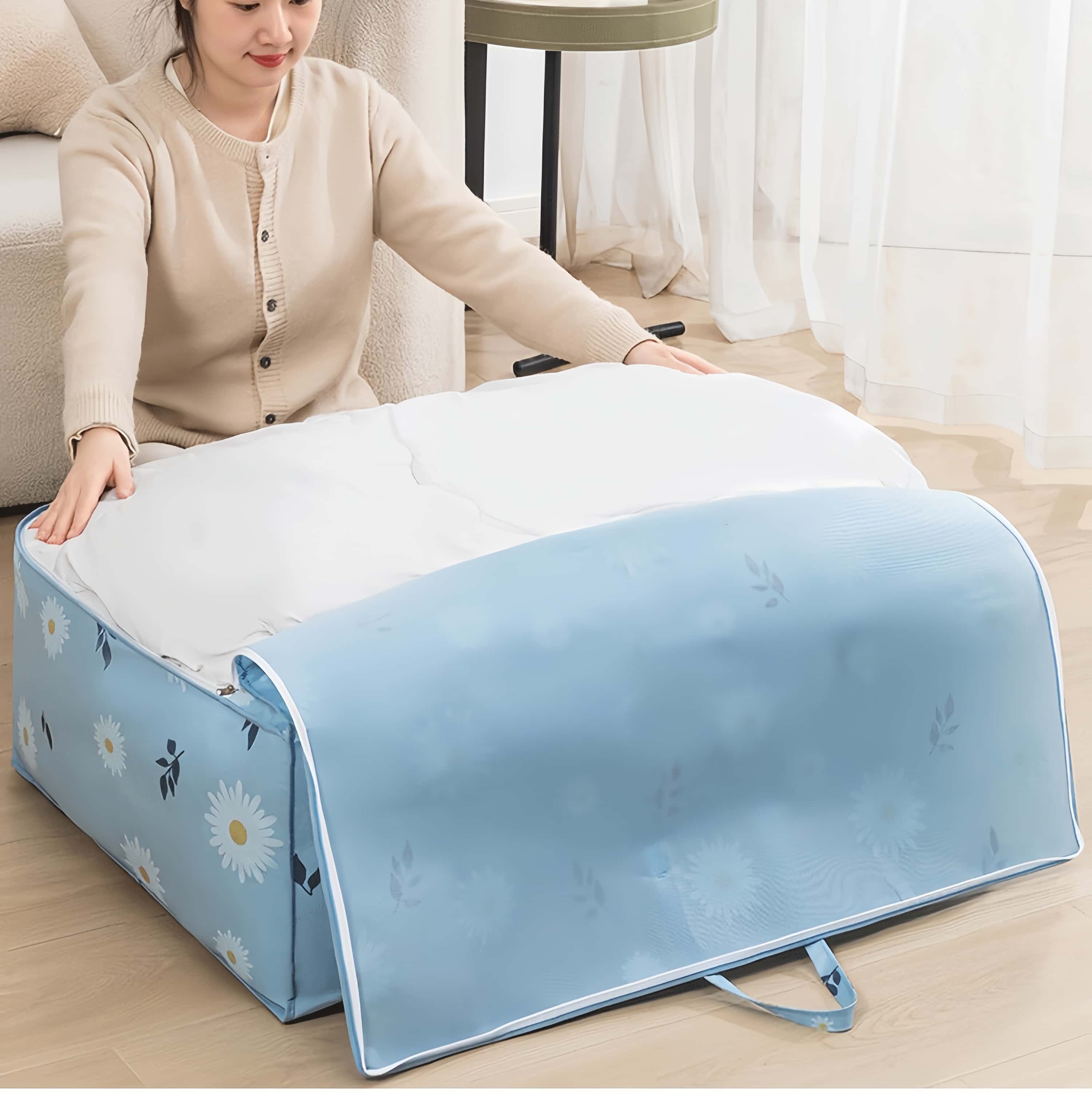 【Promotion】Large Capacity Fabric Storage Bag with Daisy Print - Foldable Rectangular Organizer for Blankets, Bedding, Clothes - Multipurpose, Non-Waterproof,80x60x30cm