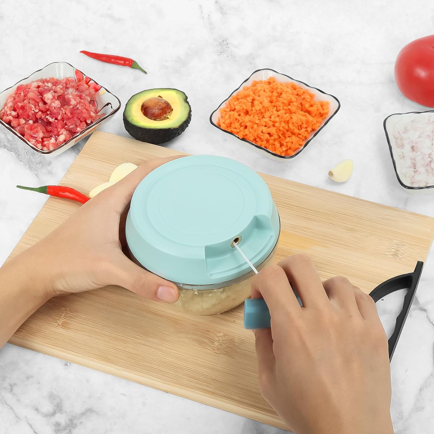 【Promotion】Small Manual Food Processor with Egg whisk Protable Meat Salad Fruit Chopper Onion Cutter Garlic Mincer Kitchen Gadgets,500/1000ml
