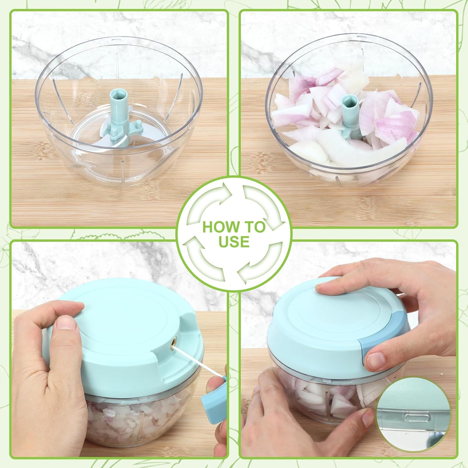 【Promotion】Small Manual Food Processor with Egg whisk Protable Meat Salad Fruit Chopper Onion Cutter Garlic Mincer Kitchen Gadgets,500/1000ml
