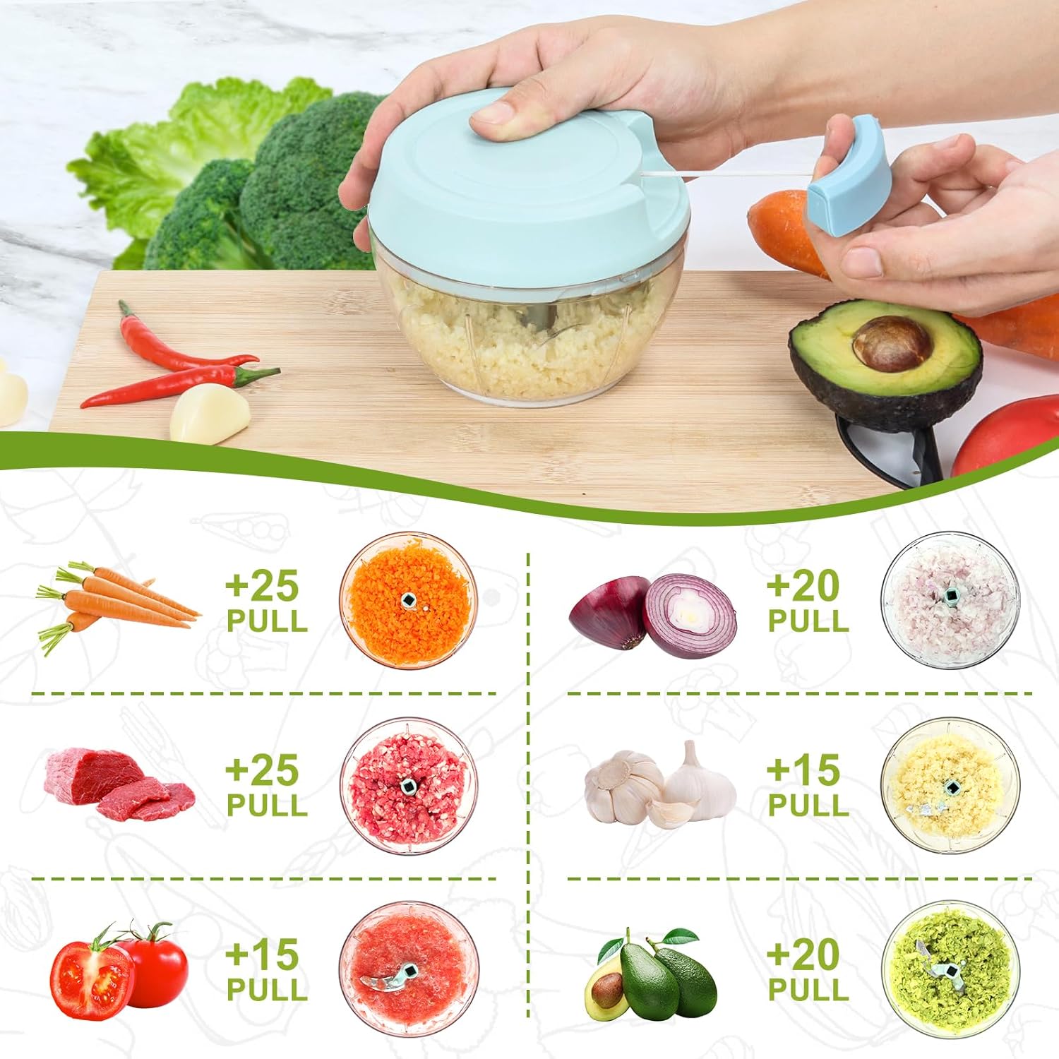 【Promotion】Small Manual Food Processor with Egg whisk Protable Meat Salad Fruit Chopper Onion Cutter Garlic Mincer Kitchen Gadgets,500/1000ml