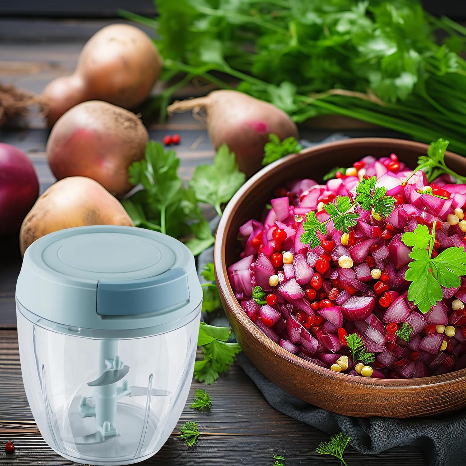 【Promotion】Small Manual Food Processor with Egg whisk Protable Meat Salad Fruit Chopper Onion Cutter Garlic Mincer Kitchen Gadgets,500/1000ml
