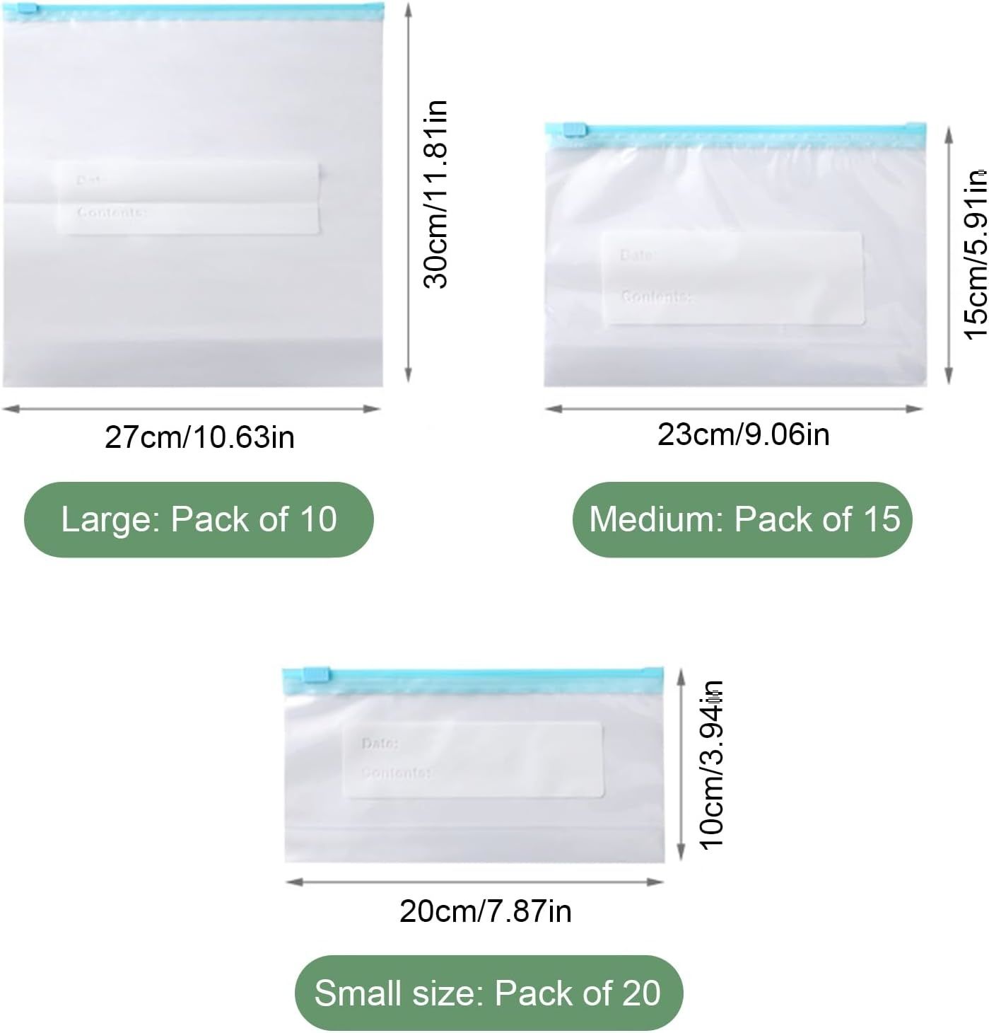 Reusable Freezer Bags, 45PCS Food Bags Aip Seal, Freezer Bags Sandwich Bags Large Reusable Food Plastic Seal Bag Soup Storage Zip Lock Bag (20*S+15*M+10*L)