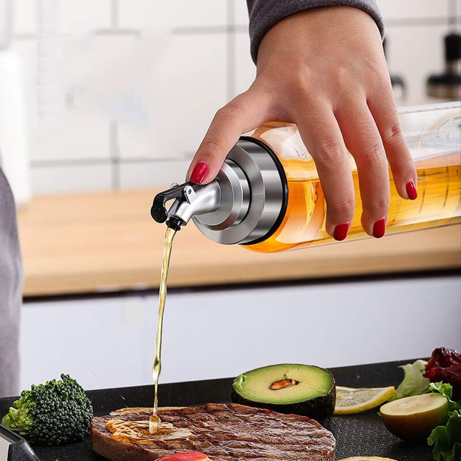【Promotion】Olive Oil Dispenser Bottle with Degree Scale- 500ml Glass Oil Bottle Cruets No Drip, Oil Container for Vegetable Olive Oil，Lead-Free Glass Oil Dispenser