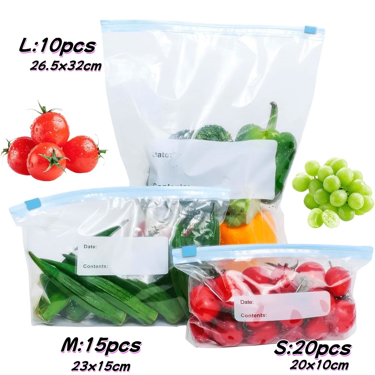 Reusable Freezer Bags, 45PCS Food Bags Aip Seal, Freezer Bags Sandwich Bags Large Reusable Food Plastic Seal Bag Soup Storage Zip Lock Bag (20*S+15*M+10*L)