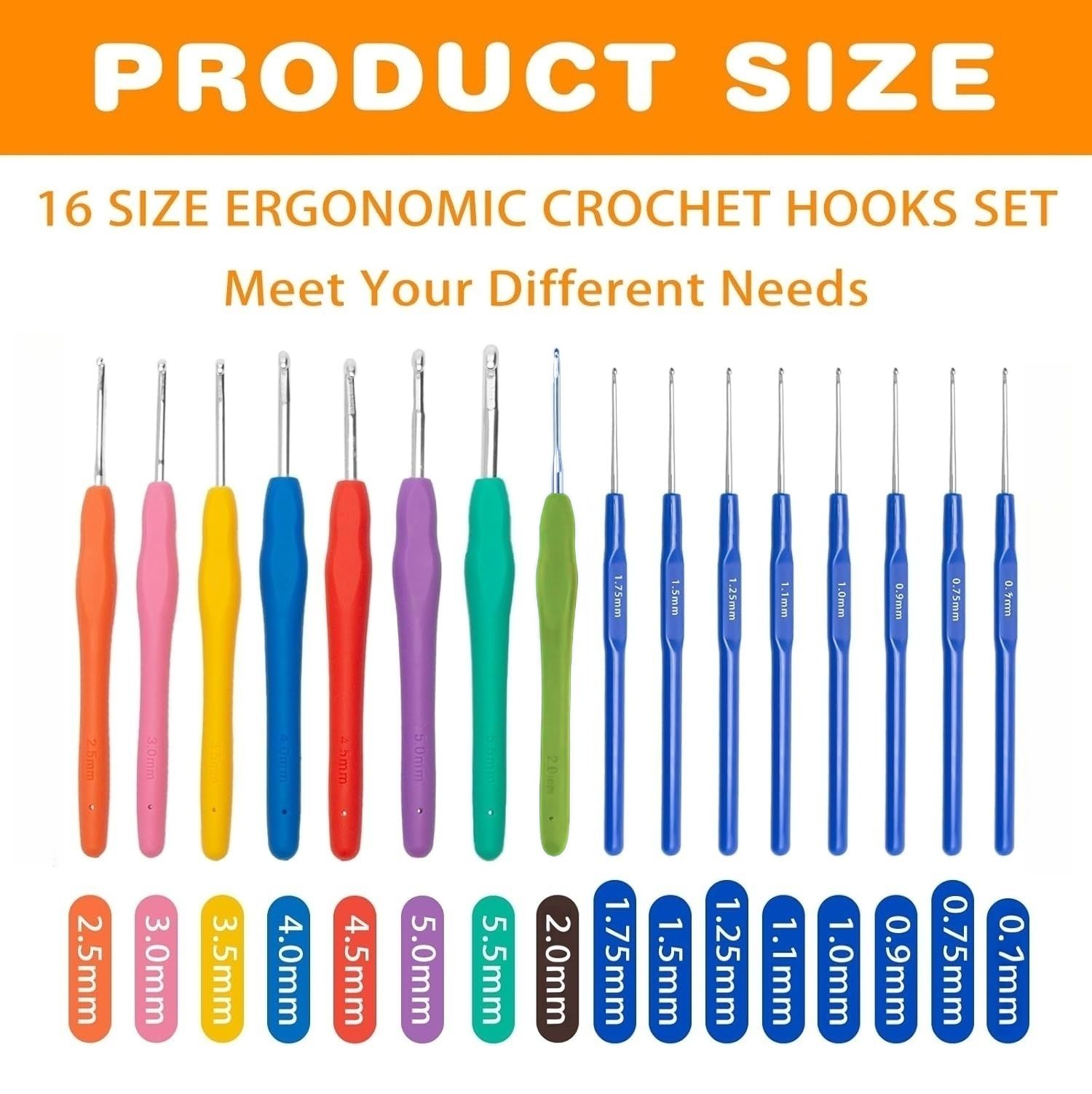 52 Pcs Crochet Hooks Set, 16 Size Crochet Hooks Set 0.7mm-5.5mm Ergonomic Soft Grip Handles Knitting Needles Kit with Case for Arthritic Hands,Crochet Needles Set for Beginners & Crochet Lovers
