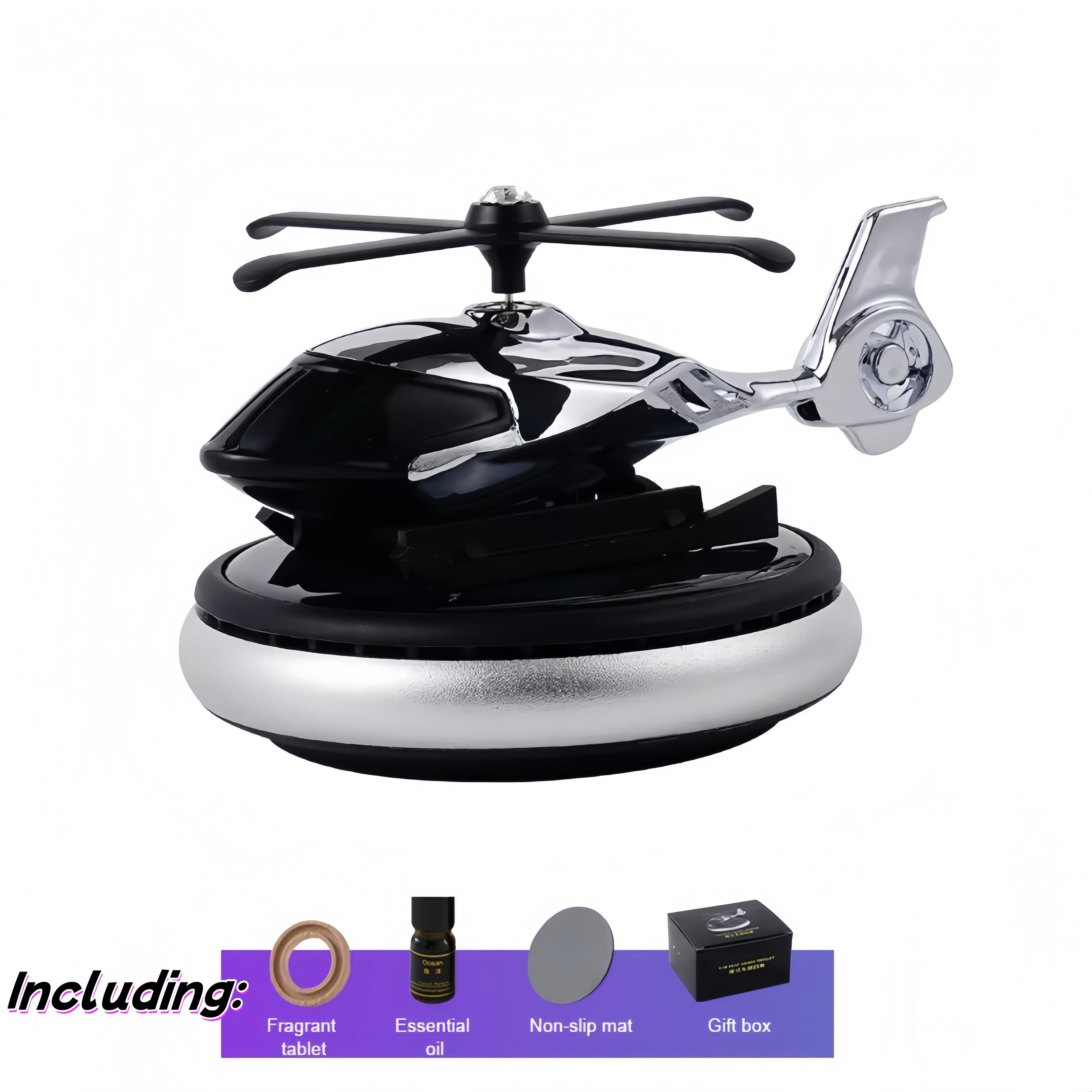 【Promotion】Helicopter Solar Car Air Freshener Rotation Aromatherapy Diffuser Ornament for Vehicles with Fragrance Tablet, Essential Oil,Anti-slip Mat for Car and Interior Decoration