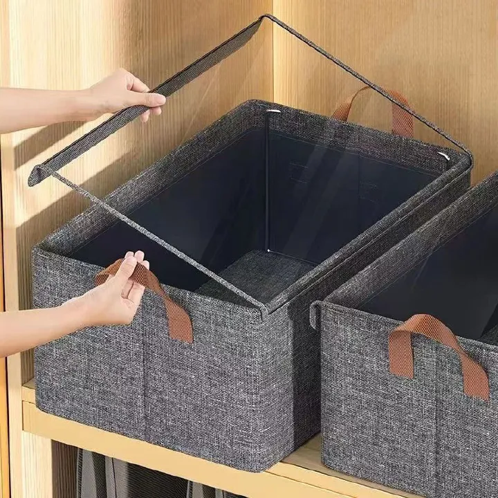 【Promotion】Fabric Closet Storage Bins with Cover, Dark Gray Storage Baskets for Closet Organization, Large,46x30x20cm