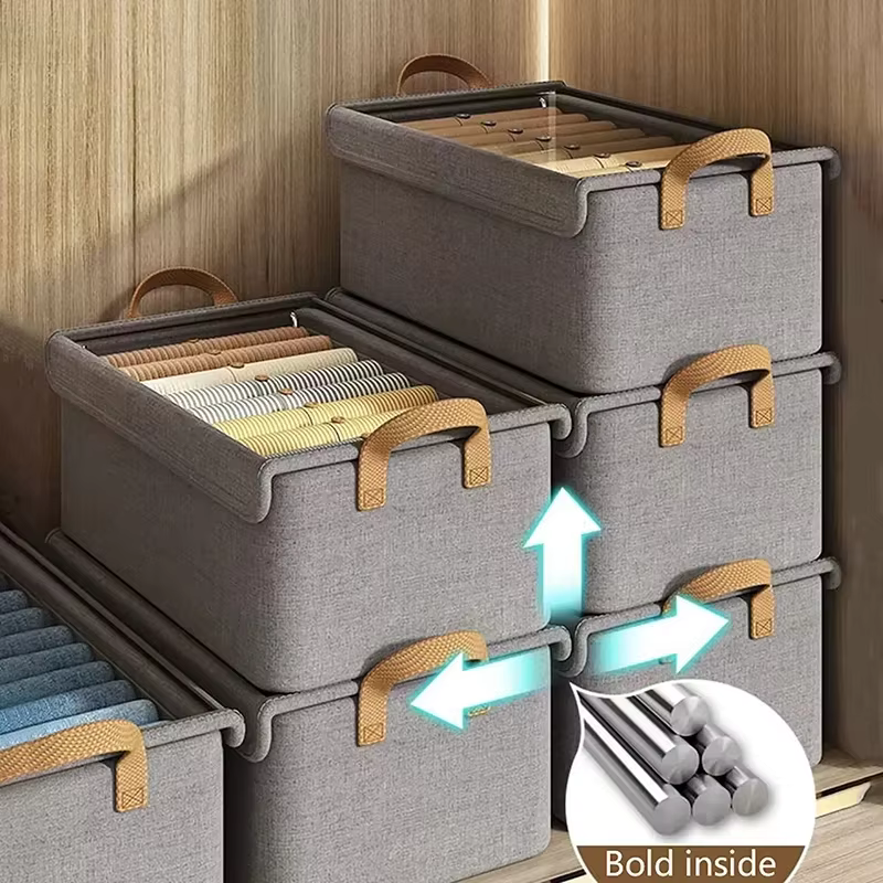 【Promotion】Fabric Closet Storage Bins with Cover, Dark Gray Storage Baskets for Closet Organization, Large,46x30x20cm