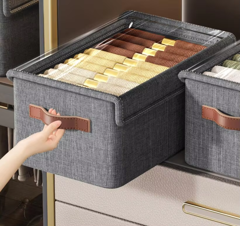 【Promotion】Fabric Closet Storage Bins with Cover, Dark Gray Storage Baskets for Closet Organization, Large,46x30x20cm