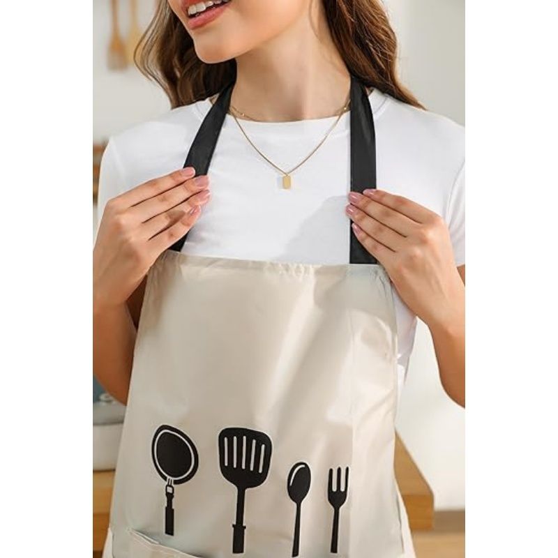 Women Kitchen Apron with Hand Wipe Pockets，Big Pocket,Hand-wiping, Waterproof for Cooking Baking