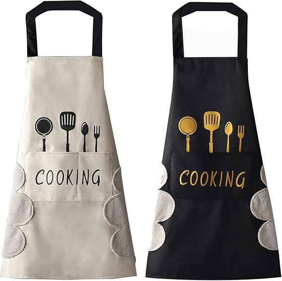 Women Kitchen Apron with Hand Wipe Pockets，Big Pocket,Hand-wiping, Waterproof for Cooking Baking