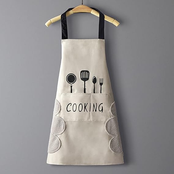 Women Kitchen Apron with Hand Wipe Pockets，Big Pocket,Hand-wiping, Waterproof for Cooking Baking