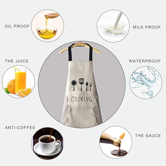 Women Kitchen Apron with Hand Wipe Pockets，Big Pocket,Hand-wiping, Waterproof for Cooking Baking