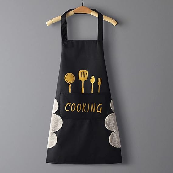 Women Kitchen Apron with Hand Wipe Pockets，Big Pocket,Hand-wiping, Waterproof for Cooking Baking