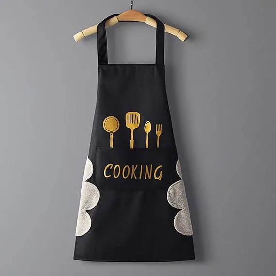 Women Kitchen Apron with Hand Wipe Pockets，Big Pocket,Hand-wiping, Waterproof for Cooking Baking