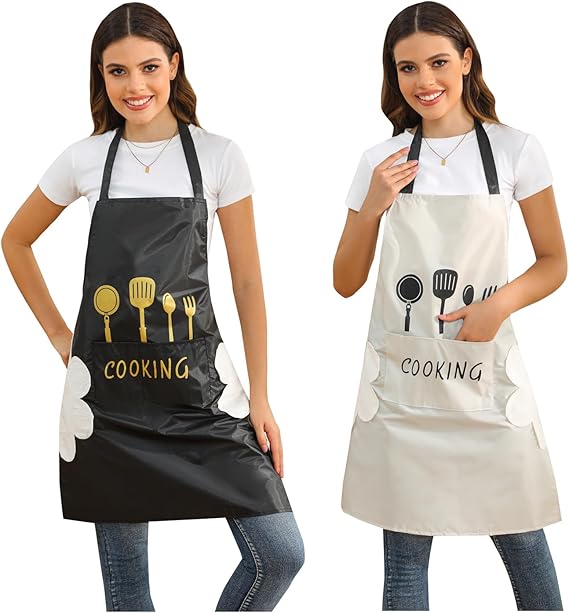 Women Kitchen Apron with Hand Wipe Pockets，Big Pocket,Hand-wiping, Waterproof for Cooking Baking