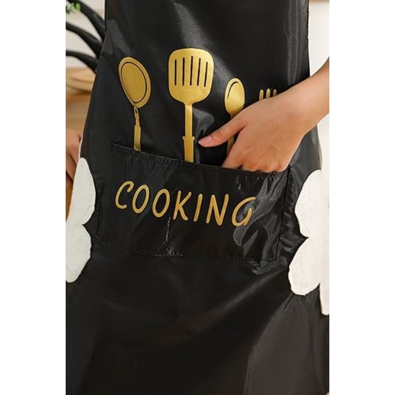 Women Kitchen Apron with Hand Wipe Pockets，Big Pocket,Hand-wiping, Waterproof for Cooking Baking