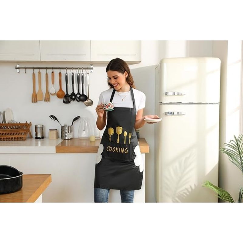 Women Kitchen Apron with Hand Wipe Pockets，Big Pocket,Hand-wiping, Waterproof for Cooking Baking