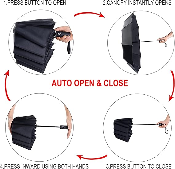 Travel Essentials Umbrella Windproof Compact Collapsible Light, Automatic, Strong and Portable, Wind Resistant Folding Small Umbrella for Rain