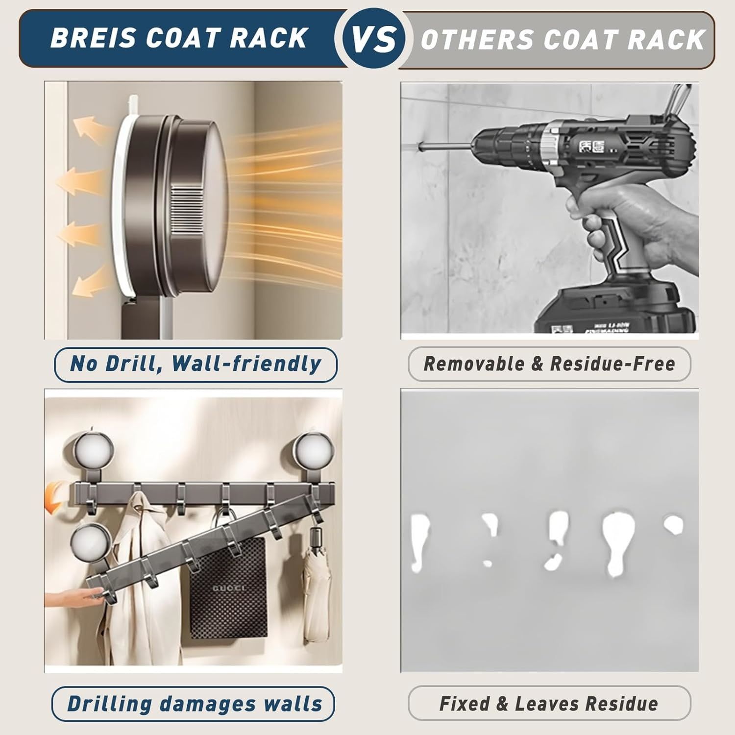 Suction Cup Coat Rack,Coat Hanger Wall Mount with Hooks, Stainless Steel Entryway Hanging Rack for Clothes Hats Towel Keys Bags